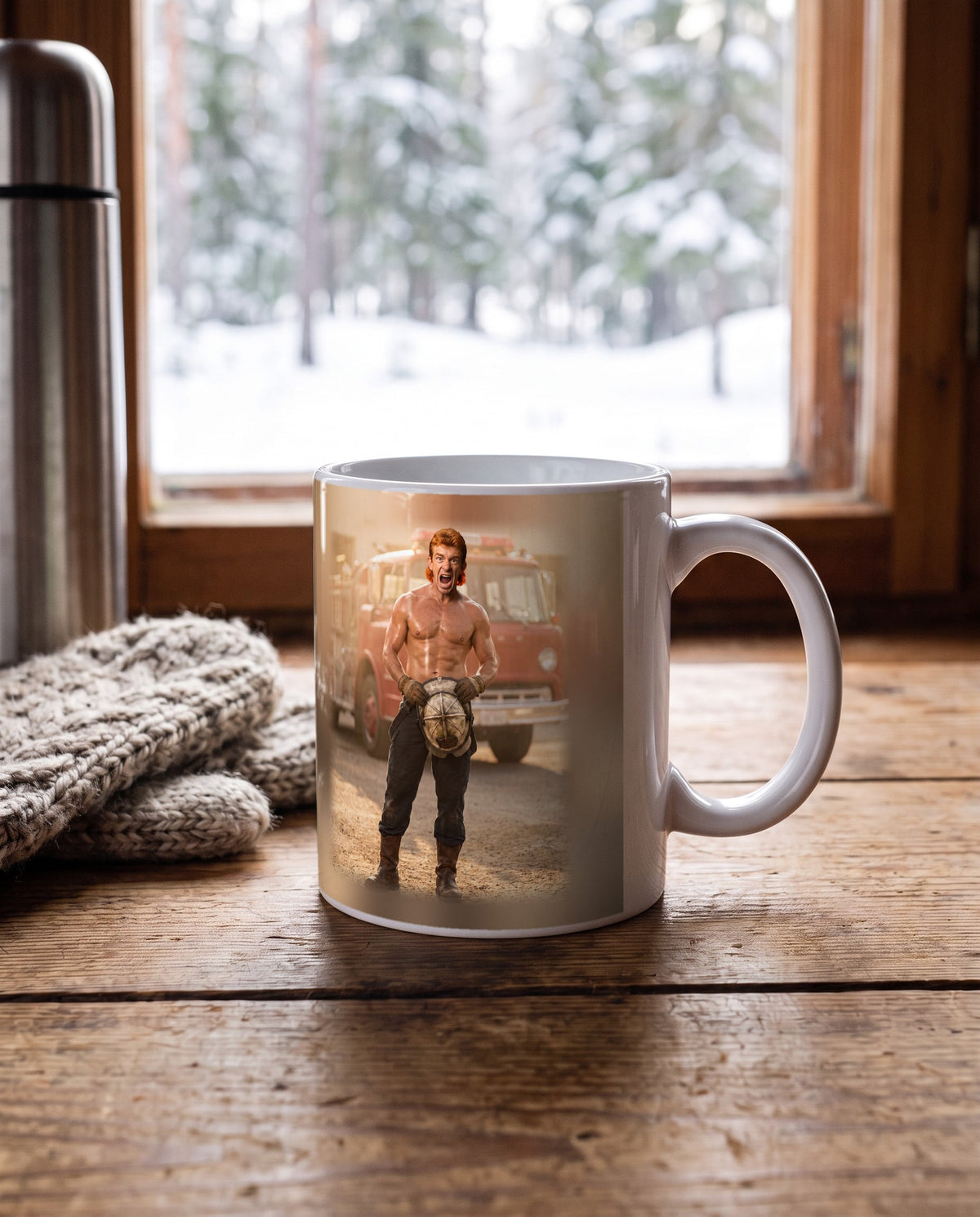 Kopp med eget motiv på et bord i et norsk hjem