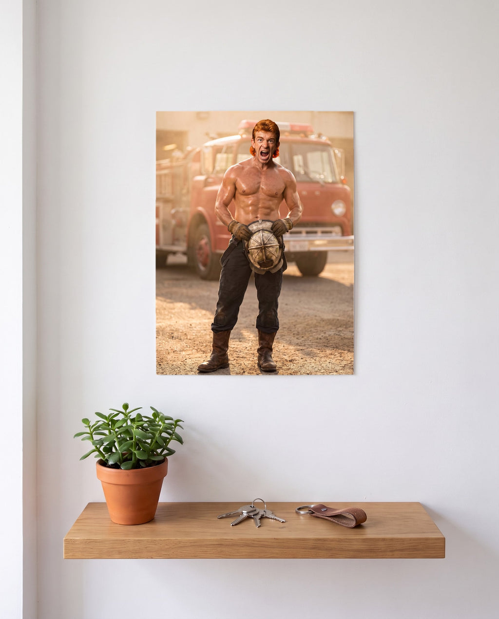 Plakat med eget motiv på en vegg i stua